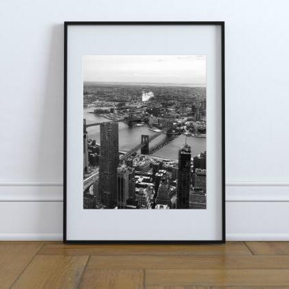 York City Brooklyn Bridge Black And White Photo,..