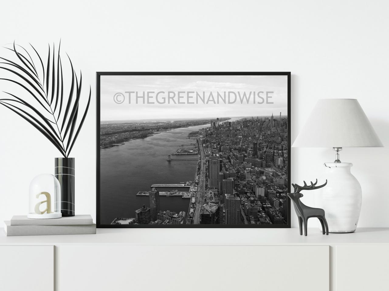 New York City and Hudson River Black and White Photo, Digital Download